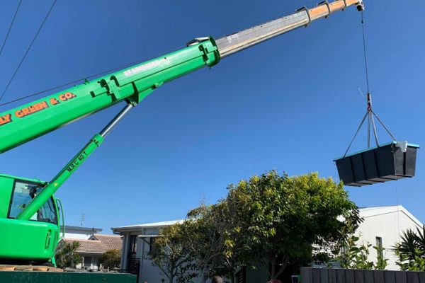 lifting skip plunge pool with crane