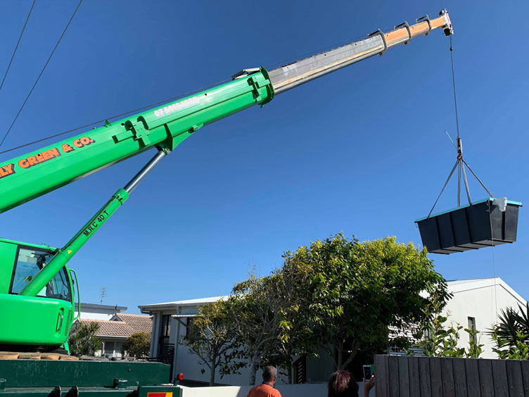 lifting skip plunge pool with crane